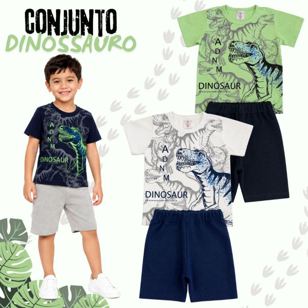 Conjunto Infantil Masculino de Dinossauro para Meninos com Camiseta de Algodão e Bermuda de Moletinho 100% algodão