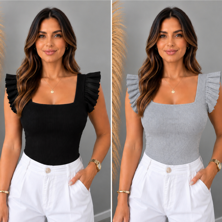 Kit 2 Blusas Feminina Canelada com Babado na Manga Decote Quadrado Moda Tendência