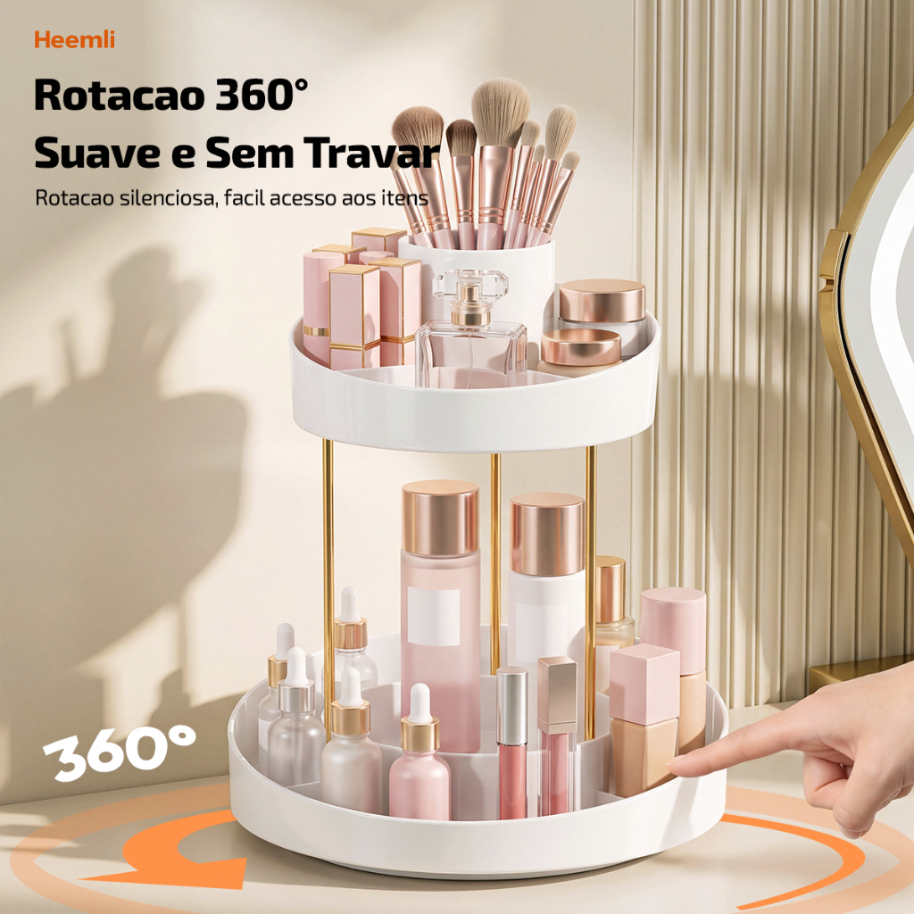 Organizador de Maquiagem Giratório 360° 2 Andares, Porta Cosméticos, Perfumes, Skincare e Pincéis para Bancada