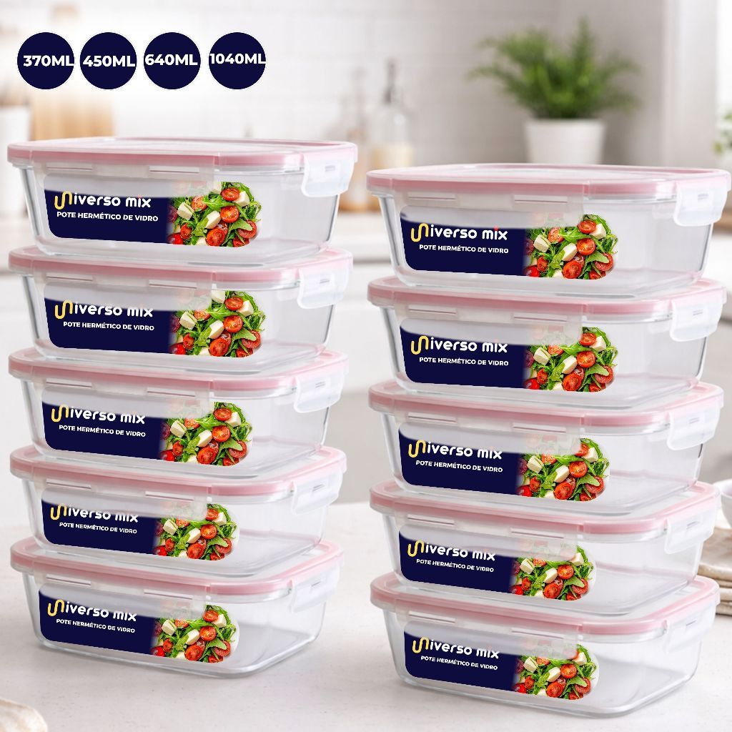 Kit 10 ou 5 Potes Vidro Hermético Retangular 4 Travas Marmita Premium