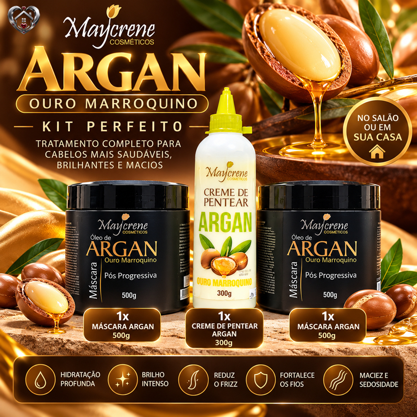Kit Argan Ouro Marroquino Maycrene – 2 Máscaras 500g + Creme de Pentear 300g Pós-Progressiva