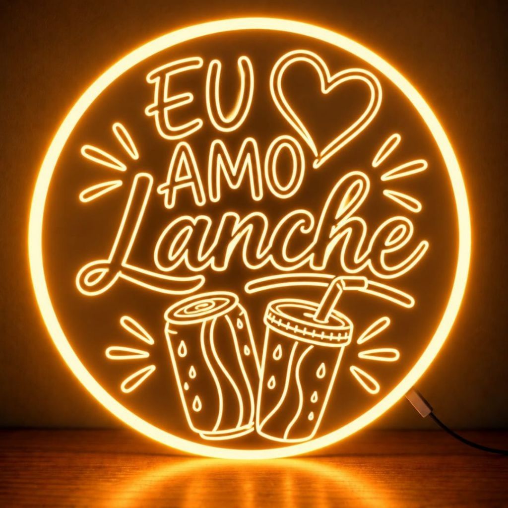 Luminária LED Neon 30x30cm Eu Amo Lanche Neon Branco Quente Decoração Parede Lanchonete Cozinha Bar