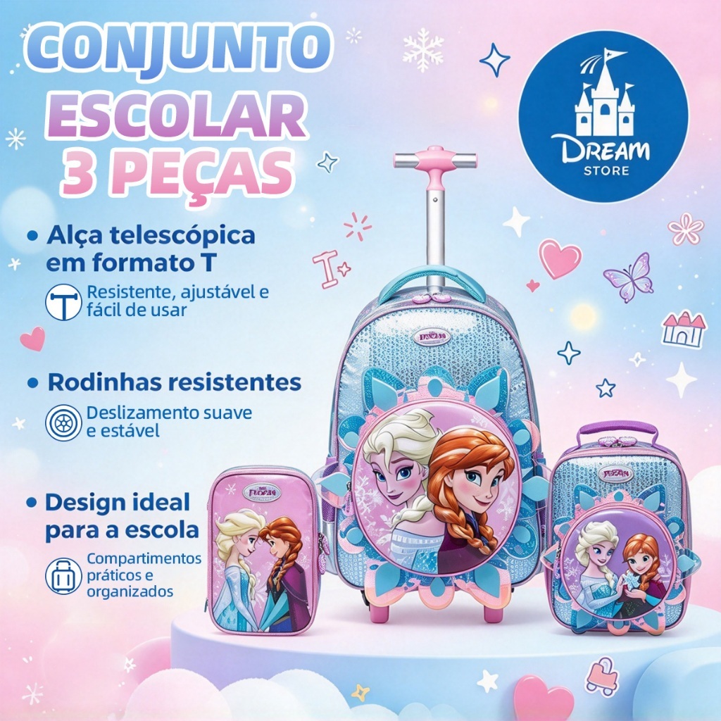 Imagem Kit Mochila Rodinhas Frozen Escolar Infantil Lancheira Estojo