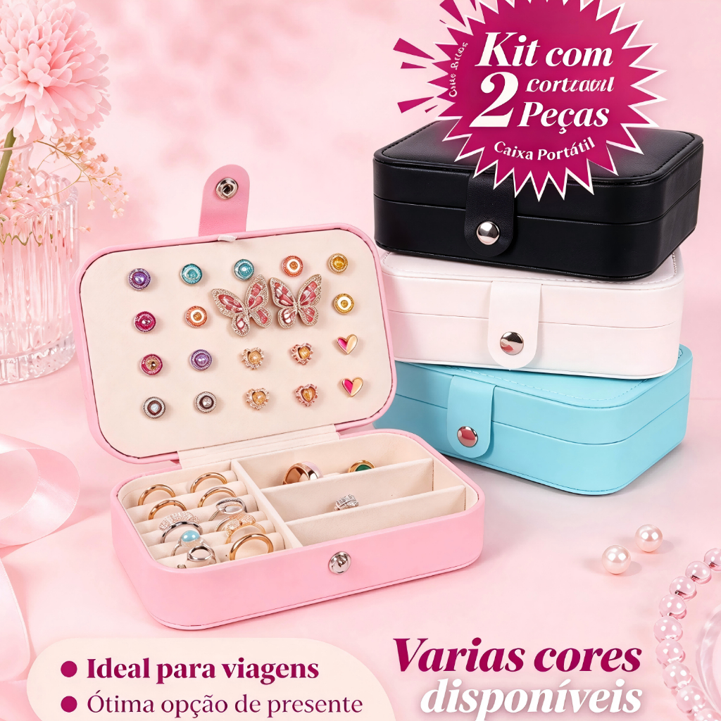Kit 1/2 Estojo Duplo Maleta Porta Joias Veludo Organizador Viagem Mdf Médio Caixa Organizadora