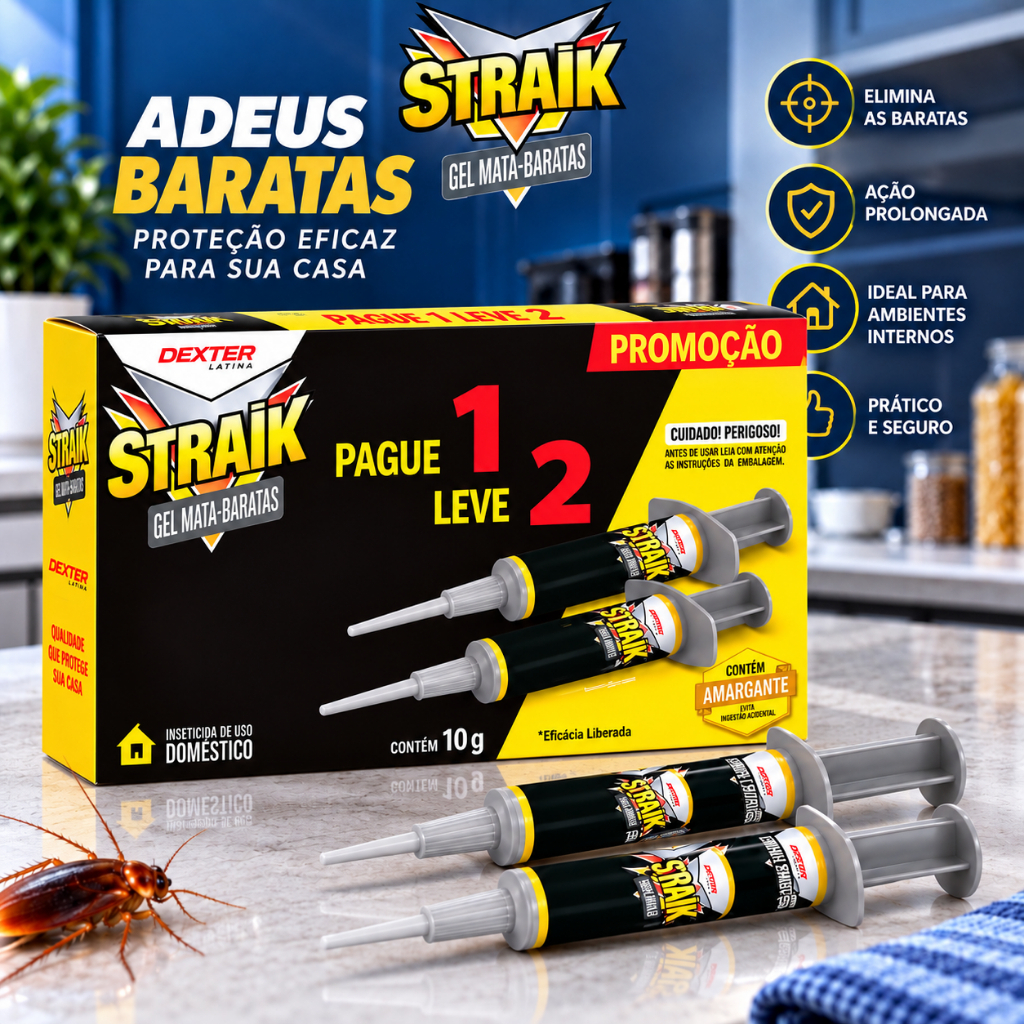 Mata Barata em Gel Straik Dexter Kit 2 Seringas 10g - Elimina Baratas Pequenas Cozinha e Frestas