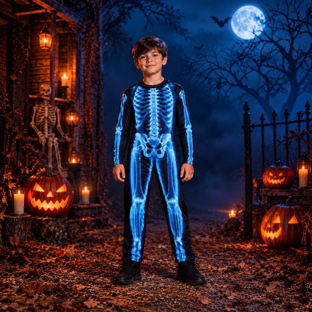 Fantasia Caveira Infantil Longa Com Gorro Esqueleto Raio-x de Halloween