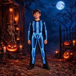 Fantasia Caveira Infantil Longa Com Gorro Esqueleto Raio-x de Halloween