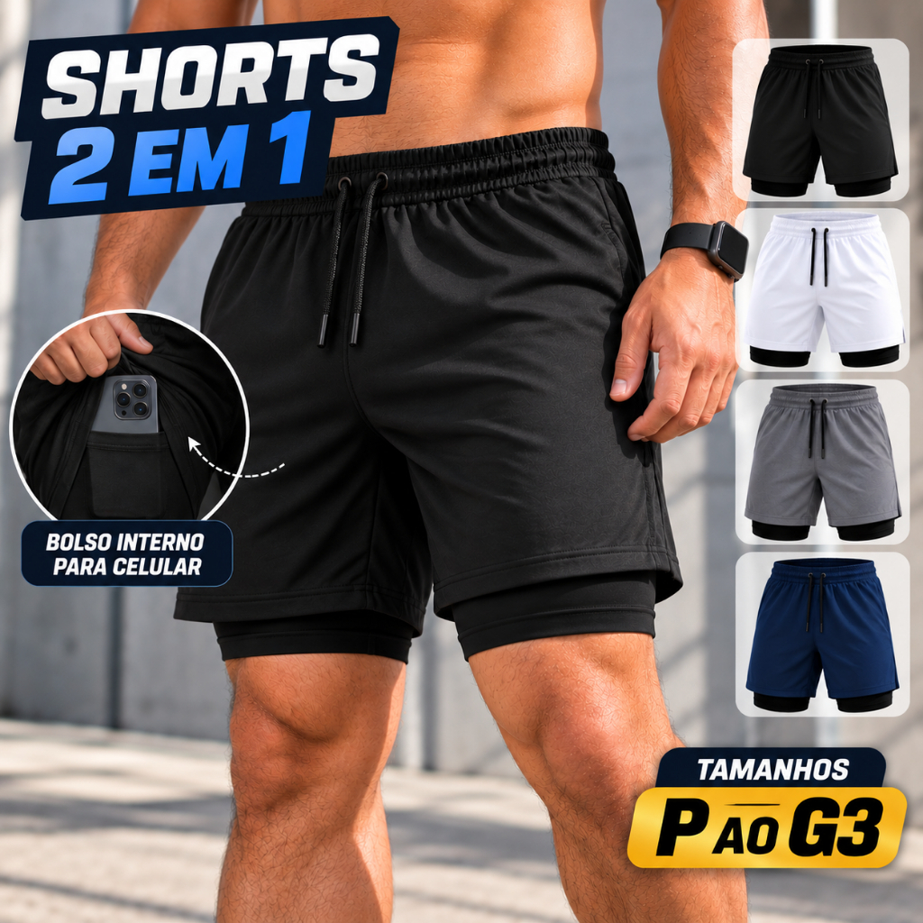 Shorts 2 em 1 Masculino Dry Fit com Bolso Interno Academia Corrida Treino P Ao G3 Plus Size Musculação Fitness Verão