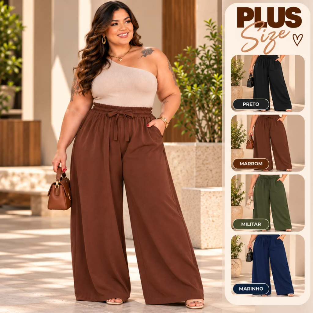 Calça Pantalona Plus Size Feminina Wide Leg Cintura Alta Elástico com Bolsos Tecido Duna
