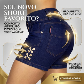 Short Jeans Feminino Cintura Alta Levanta Bumbum Com Lycra Ilhos Lateral Jeans Escuro Premium Do 36 Ao 48