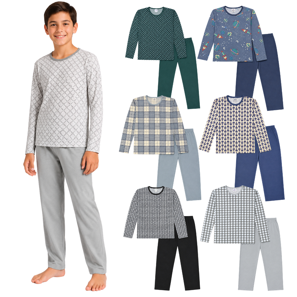 Kit 4 Pijama Longo Juvenil Masculino Manga Comprida Estampa Sortida 10 ao 16