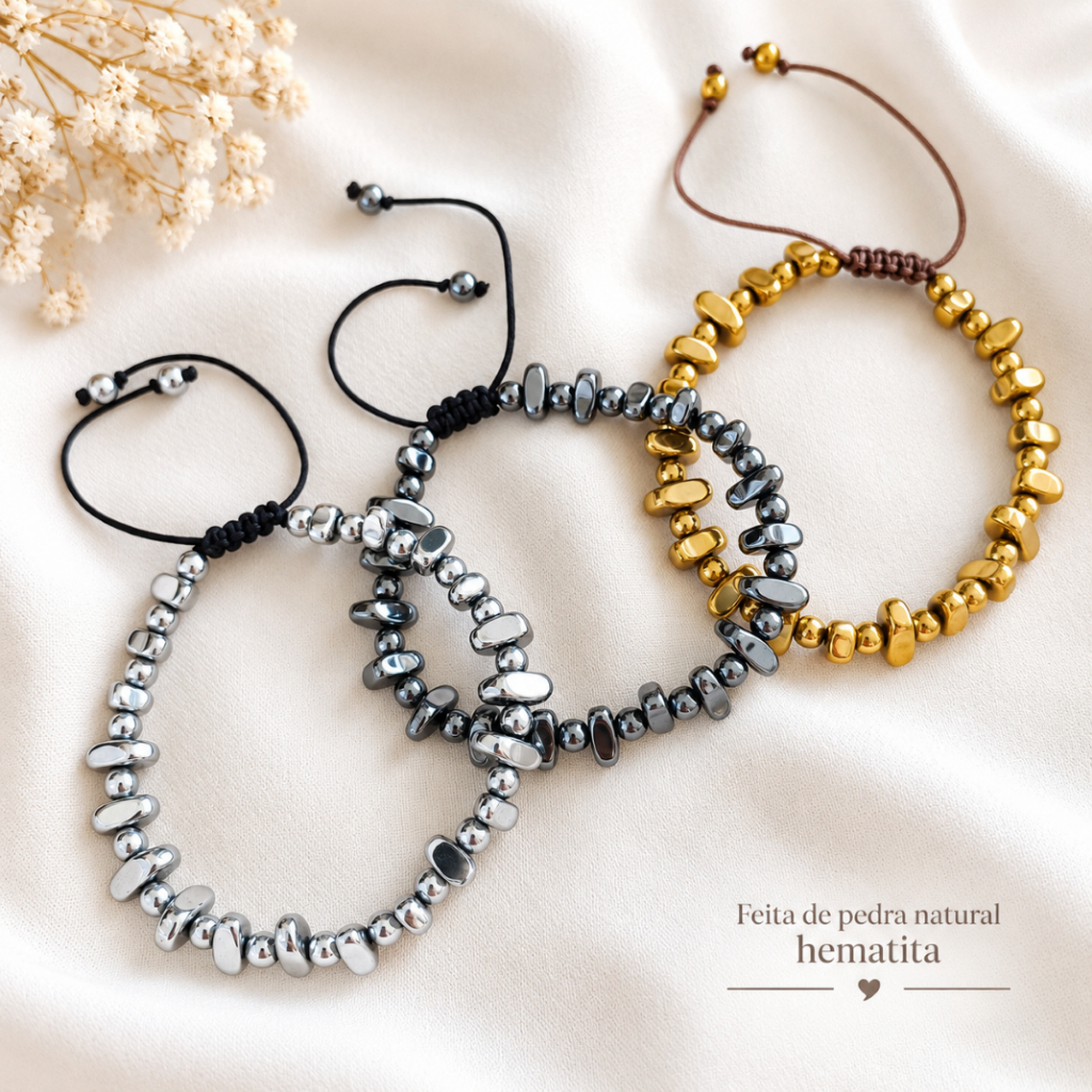 Pulseira de Pedras Naturais Feminina Hematita Bijuterias Artesanal
