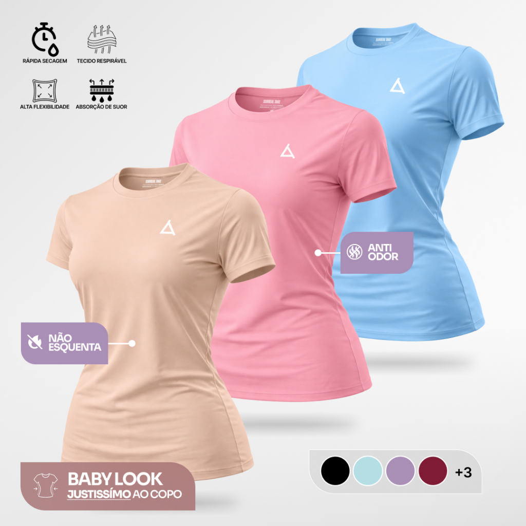 KIT 3 ou 2 Camiseta Academia Feminina Dry Fit UV 50 + Treino Blusa Slim Caminhada Treino Musculação