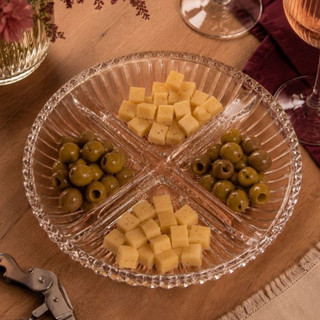 Petisqueira de Vidro 4 Divisórias 18,5cm L'Hermitage | Kit 1, 2 ou 3 Unidades para Frios Queijos Aperitivos