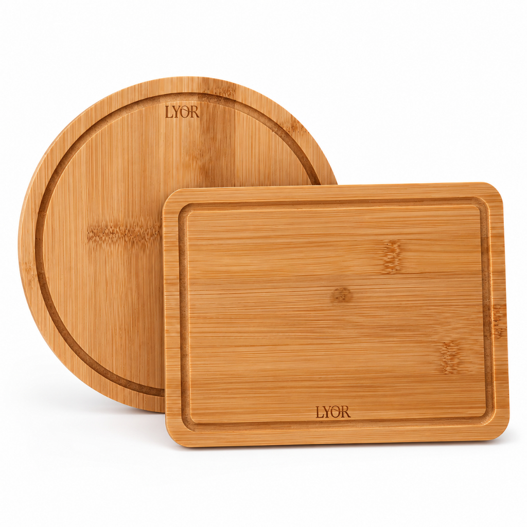 Kit 2 Tábuas de Bambu Lyor para Corte Carne Legumes Cozinha Redonda e Retangular