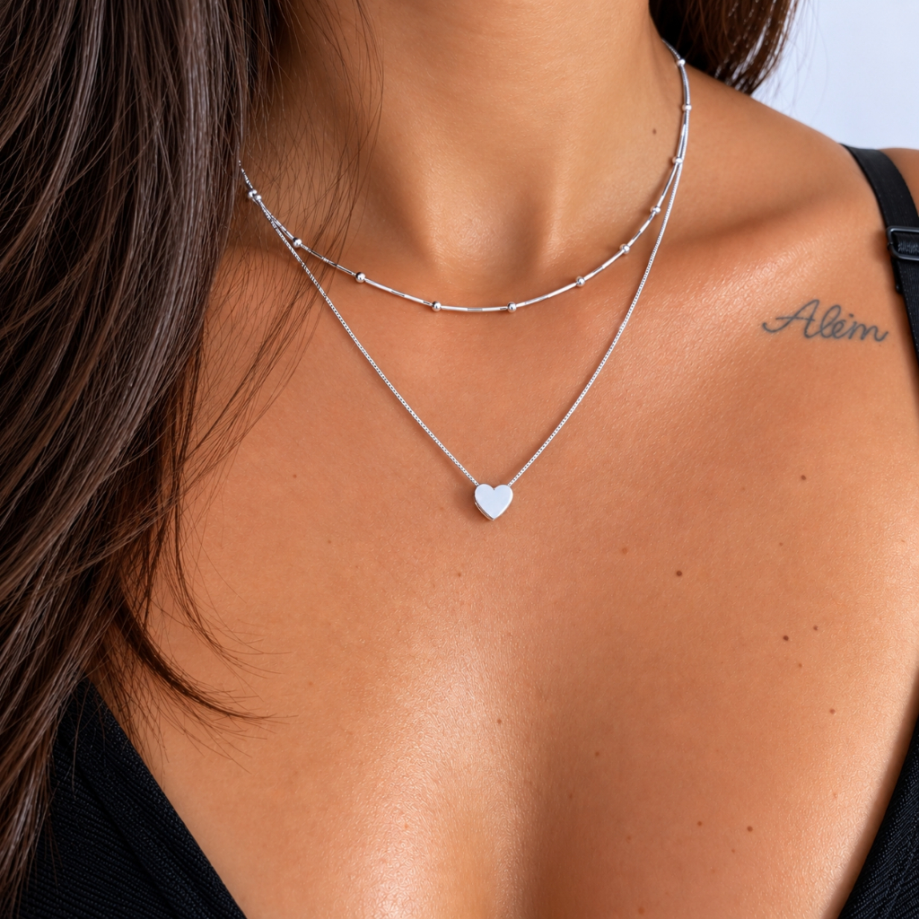 Colar gargantilha bolinhas banhado Prata 925 + Colar coração transpassado chapado banhado Prata 925 a ouro 18K
