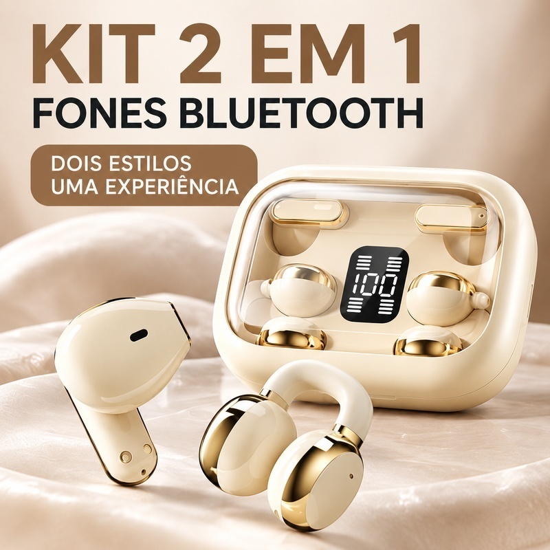 Kit 2 em 1 Fone Bluetooth Sem Fio Duplo ENC Estéreo Baixo Potente Confortável Para Dormir Esporte Academia Até 30 Horas