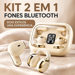 Kit 2 em 1 Fone Bluetooth Sem Fio Duplo ENC Estéreo Baixo Potente Confortável Para Dormir Esporte Academia Até 30 Horas