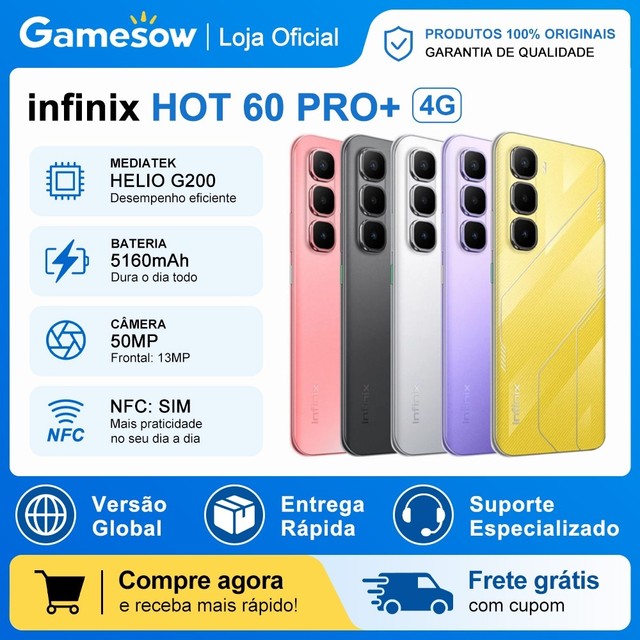 Infinix Hot 60 Pro+ 4G 256GB e 8GB RAM, Versão Global, Processador MediaTek Helio G200, Bateria 5160mAh