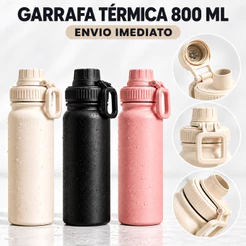 Garrafa Térmica 800ml Isolada A Vácuo Squeeze Aço Inox 304 C/ Alça e Coador Água Gelada