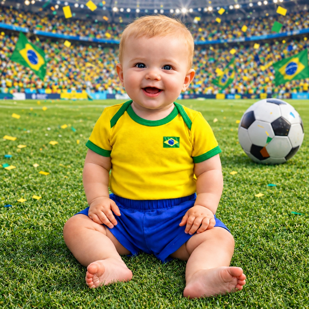 Body Bebê Brasil Copa do Mundo Amarelo com Bandeira + Shorts Azul Conjunto Seleção Bebê Flor de Maçã