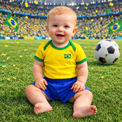 Body Bebê Brasil Copa do Mundo Amarelo com Bandeira + Shorts Azul Conjunto Seleção Bebê Flor de Maçã
