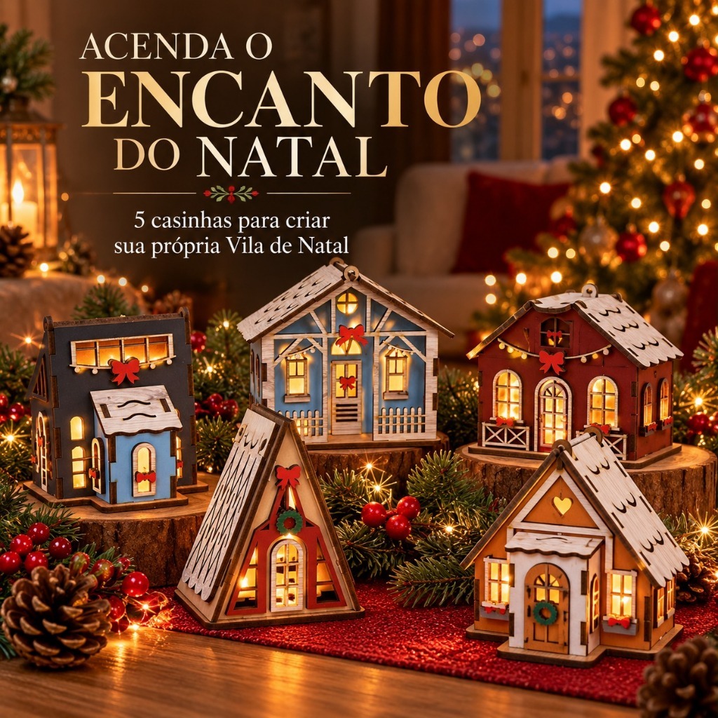 Kit Vila de Natal com 5 Casinhas Decorativas para Vela ou Fio de Fada em MDF decoração natalina