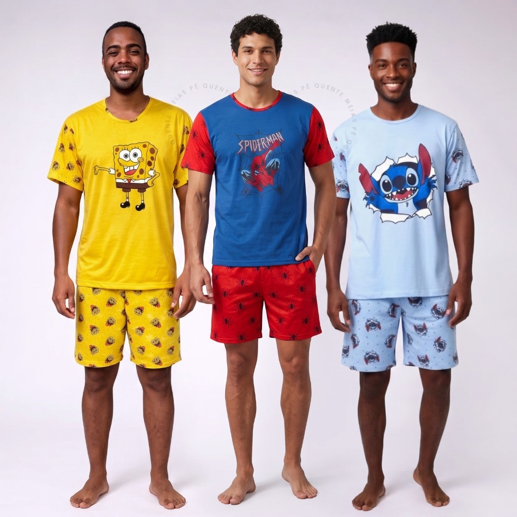 Pijama Masculino Personagem Desenho Verão Confortável Desenho Animado