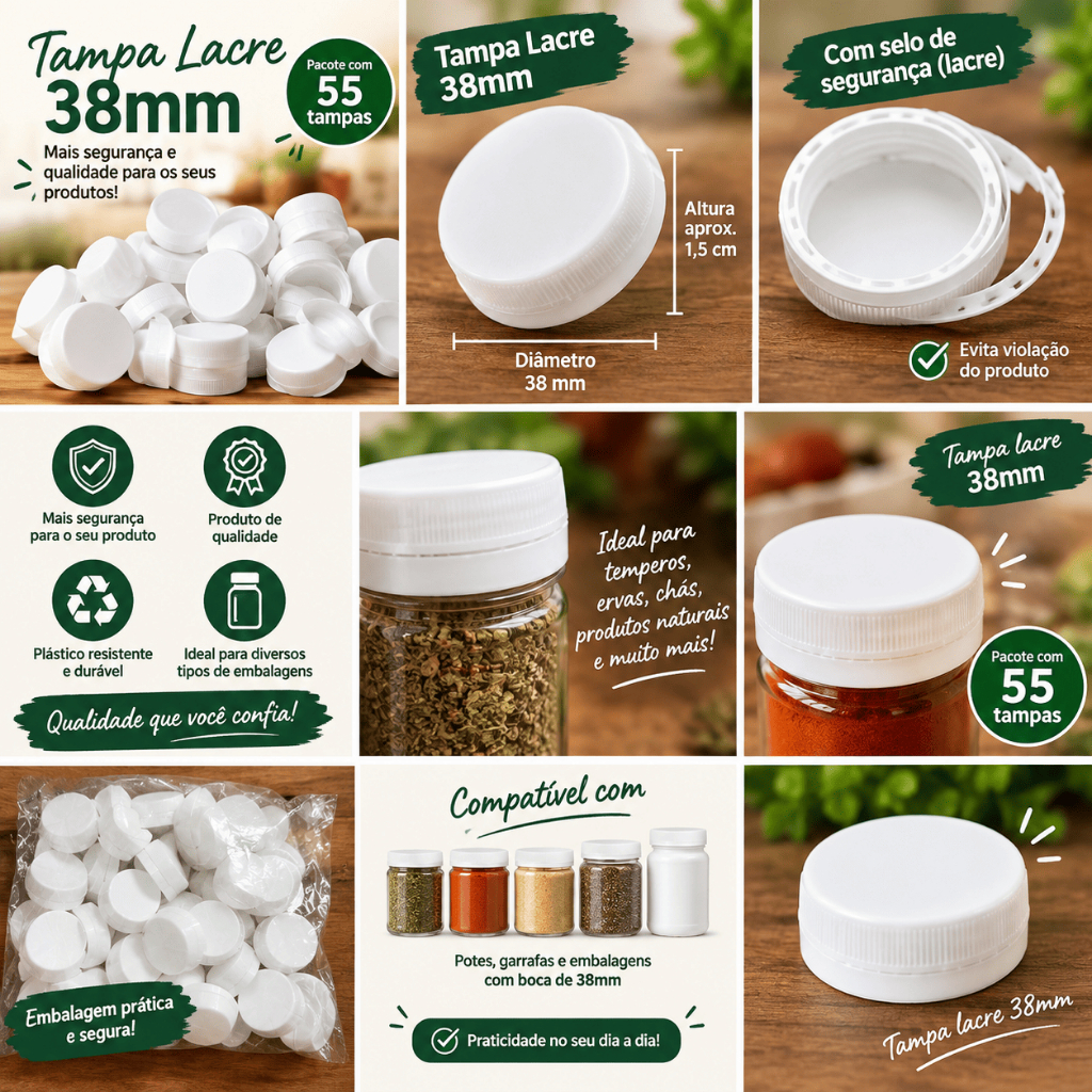 Kit 55 Tampas Lacre 38mm Branca com Selo para Pote PET
