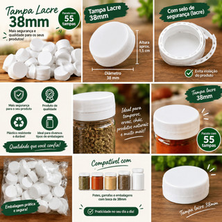 Kit 55 Tampas Lacre 38mm Branca com Selo para Pote PET