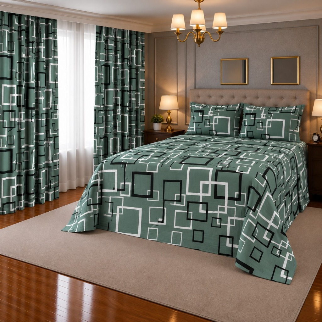 Jogo Lençol 4 Peças Com Cortinas Estampada Queen/Box  Toque de Algodão + 2 Porta Travesseiros  *OFERTA