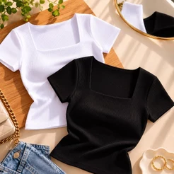 Blusa Feminina Baby Look Gola Quadrada Ribana Básica Moda Casual Manga Curta