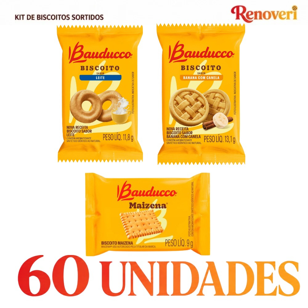 Biscoito Bauducco Leite, Maizena e Banana com Canela - Kit com 60 unidades