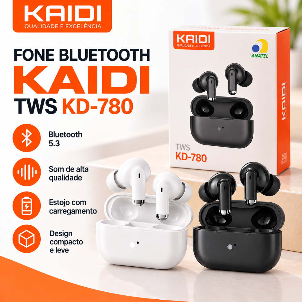 Fone Bluetooth KAIDI KD-780 TWS Sem Fio com Estojo de Carregamento