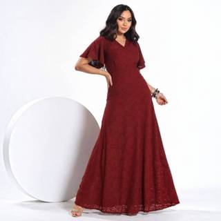 Vestido Longo Feminino em Laise Manga Curta Decote V Elegante Para Eventos