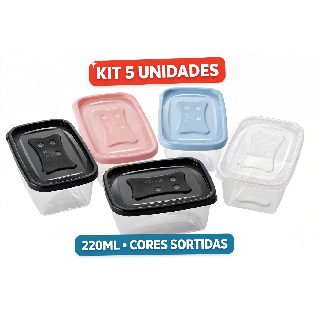 Kit 5 Potes 220ml Retangular Com Tampa Preta Rosa Azul Transparente - Micro-ondas e Freezer
