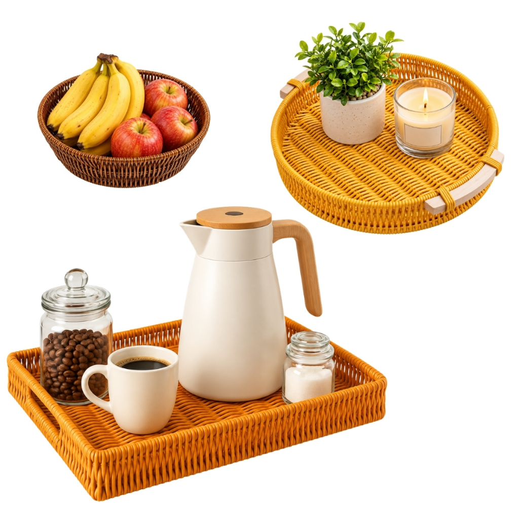 Bandeja Redonda de Rattan Mesa Posta Cantinho do Café Bandeja de Servir Fruteira Centro de Mesa