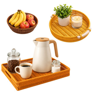 Bandeja Redonda de Rattan Mesa Posta Cantinho do Café Bandeja de Servir Fruteira Centro de Mesa
