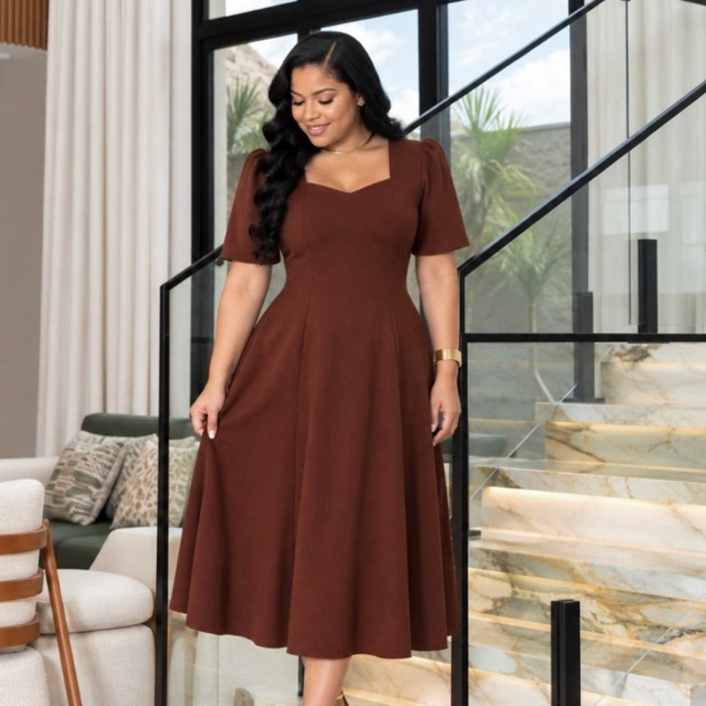 Vestido Midi Moda Cristã Plus Size Tecido Duna Exclusivo Manguinha Moda Modesta Bolso Evasê Feminino Cristão Casual