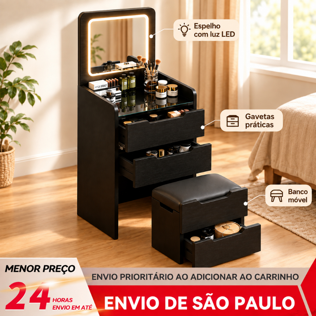 BAIERDI Penteadeira Luxo Espelho LED Três Tons 4 Gavetas Banco Acompanhante Mesa Maquiagem Quarto