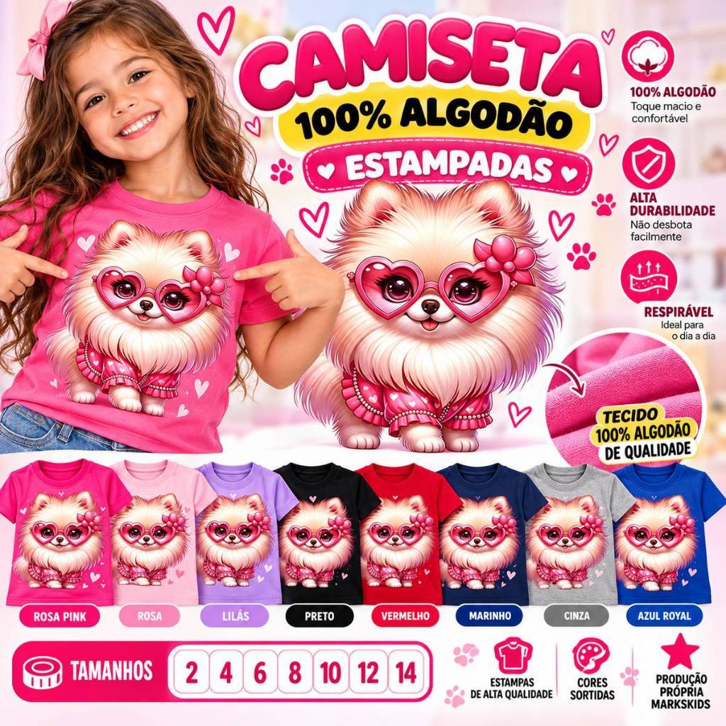 Camiseta Infantil Menina 100% Algodão Estampada DTF Cores Sortidas Tamanhos 2 ao 14 MARKSKIDS