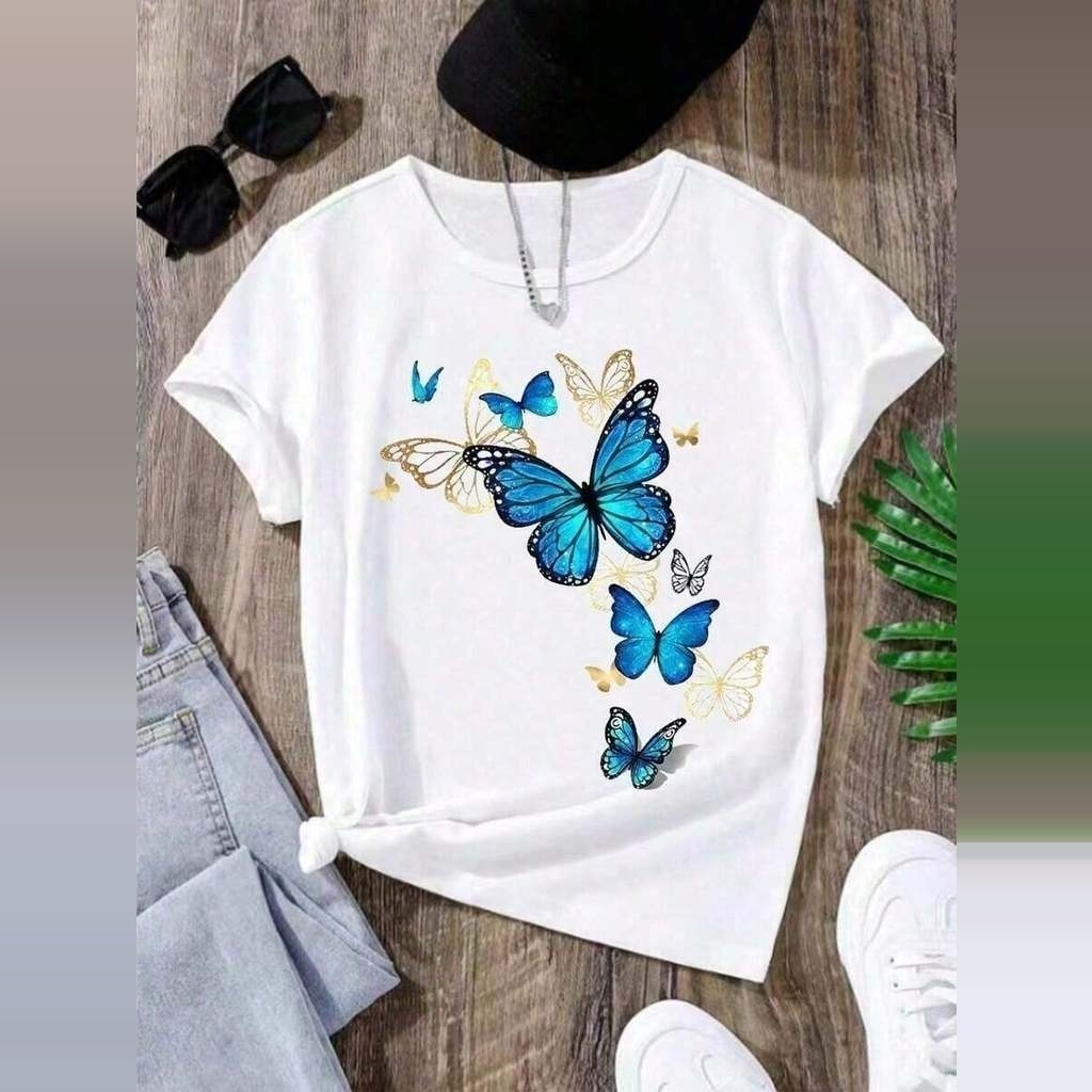 Camiseta infantil e juvenil para meninas com estampa de Borboletas 100% algodão blusa feminina casual Leve Macia