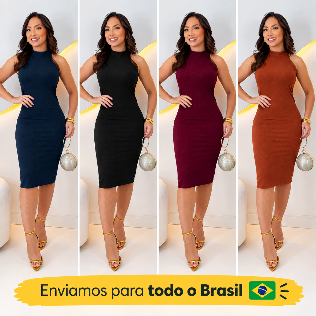 Vestido Feminino Midi Gola Alta Canelado Ajustado Malha com Elastano para Looks Elegantes - Tudo pro meu dia
