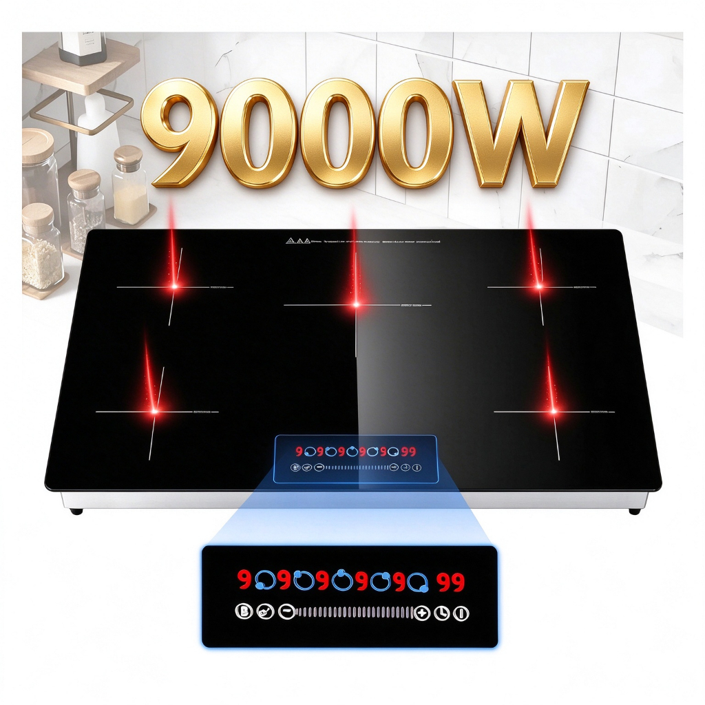 Cooktop Fogão Elétrico de Indução 5 Bocas Zona Flexível 9000W Embutir Função Boost Temporizador Trava Criança