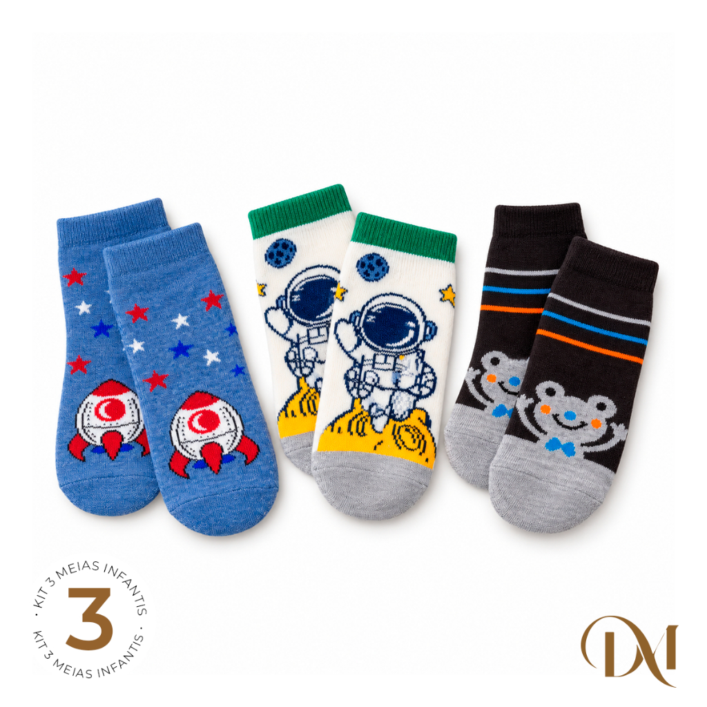 Kit 3 Meias Infantil Masculina Menino Antiderrapante Cano Médio Estampadas Sortidas Confortáveis