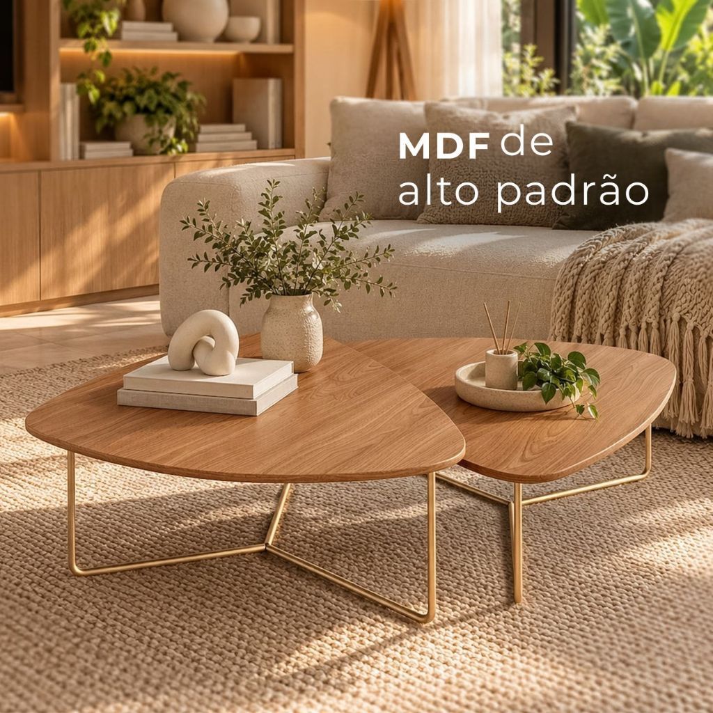 Kit 2 Mesas de Centro Sala de Estar Design Orgânico Madeira MDF Base Metal Dourado ou Preto Moderna