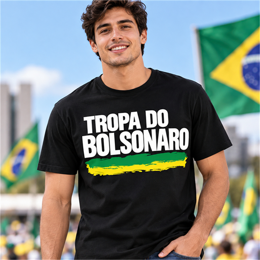 Camiseta Tropa do Bolsonaro Política Brasil Patriota Unissex 100% Algodão Fio 30.1 Camisa Preta Masculina Feminina