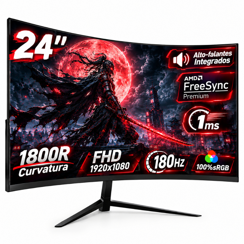 Monitor Curvo Gamer 24 Polegadas 180Hz 1ms FHD HDMI DP Suporta VESA Alta Performance Alto-falante embutido