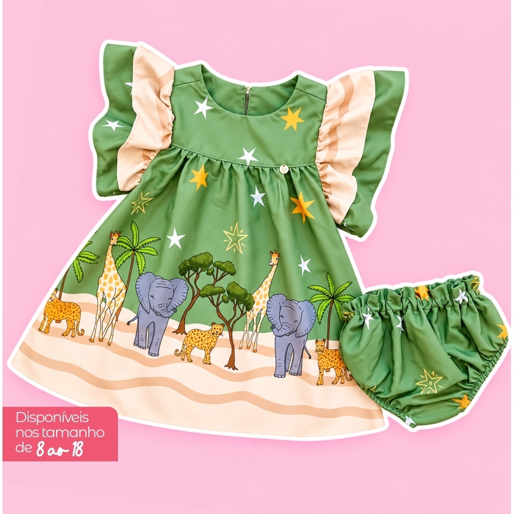 Conjunto Vestido + Calcinha Tapa Fralda Infantil Feminino de 8 á 18 meses Menina Bebê Estampado Colorido