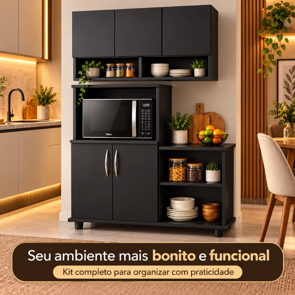 QUEIMA DE ESTOQUE - Kit Armário Suspenso 3 Portas + Balcão Multiuso Cozinha Compacta
